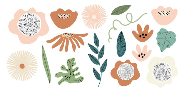 Ilustraciones florales coloridas con flores abstractas hojas y pétalos elementos botánicos patrones florales y diseños inspirados en la naturaleza en varias formas conjunto vectorial de elementos pastel memphis