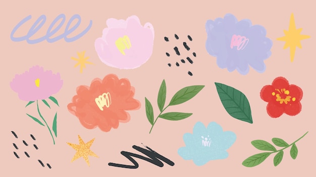 Ilustraciones florales coloridas con hojas y formas abstractas Flores en rojo rosado y azul Hojas y estrellas añaden al vibrante diseño floral Conjunto vectorial lindo