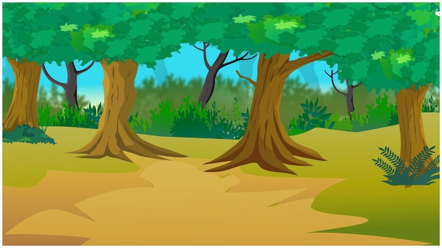 Vector ilustraciones forestales en la escena salvaje y natural para el fondo de dibujos animados.