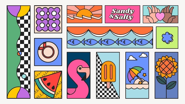 Ilustraciones geométricas coloridas con patrones de peces flamenco sandía y helado Diseños juguetones vibrantes con temas de playa y verano Ilustraciones vectoriales de vacaciones de verano