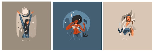 Ilustraciones gráficas abstractas vectoriales dibujadas a mano con la colección de símbolos de signos de agua contemporáneos astrológicos del zodiaco establece personajes femeninos mágicos bohodiseño boho femeninoconcepto de astrología femenina