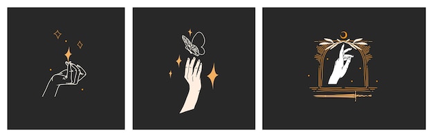 Ilustraciones gráficas planas de stock abstracto vectorial dibujado a mano con elemento de logotipo arte mágico de la astrología bohemia del espacio galáctico luna creciente estrellas sol y silueta humana estilo simple para la marca