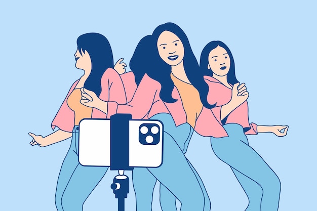 Ilustraciones grupo de hermosa niña feliz grabando video de baile con teléfono inteligente para tiktok