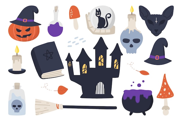 Ilustraciones de Halloween calabaza, fantasmas, castillo embrujado, poción, olla, guirnalda, dulces, sombrero de bruja.