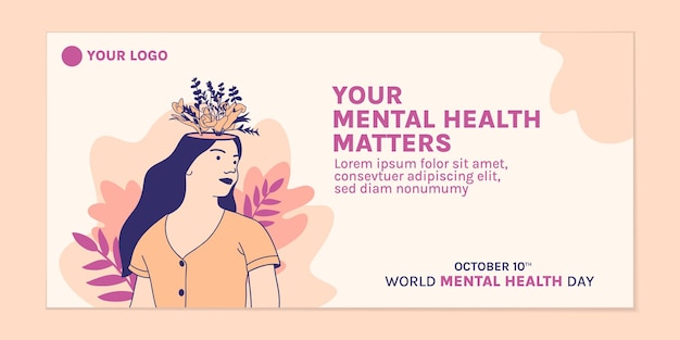 Vector ilustraciones de hermosa flor dentro de la cabeza femenina para la plantilla de banner del día mundial de la salud mental