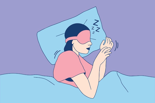 Las ilustraciones de una hermosa joven con antifaz para dormir disfrutan durmiendo en la cama