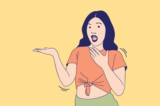 Ilustraciones de una hermosa joven apuntando hacia un lado para introducir el producto