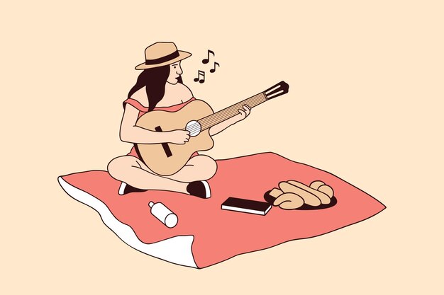 Ilustraciones Hermosa joven cantando y tocando la guitarra en el parque