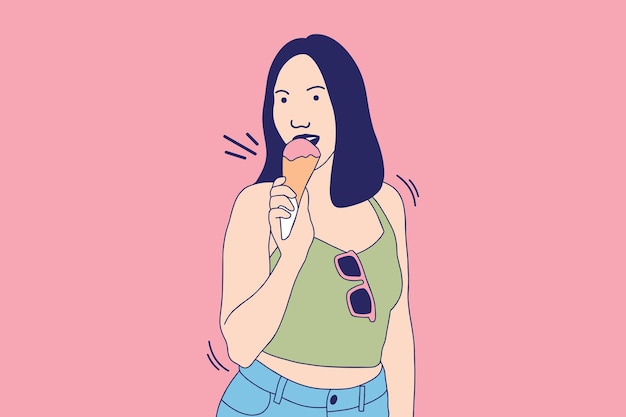 Ilustraciones de una hermosa joven comiendo helado de fresa en verano