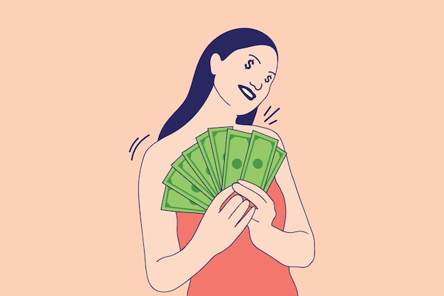 Ilustraciones hermosa joven emocionada con los ingresos de los billetes de dinero