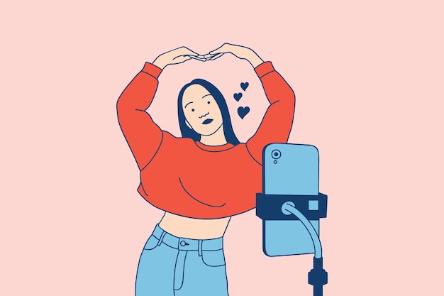 Ilustraciones hermosa joven grabando para tiktok