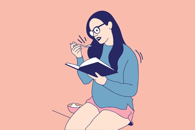 Ilustraciones de una hermosa joven leyendo un libro y disfrutando de un helado en casa