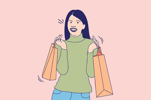Ilustraciones de una hermosa joven sonriendo sosteniendo bolsas de compras después del tiempo de compras
