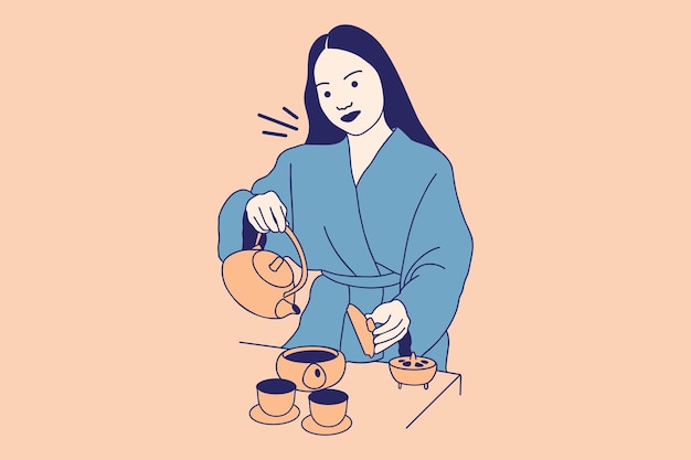 Ilustraciones Hermosa joven vierte té de una tetera de hierro fundido negro