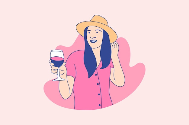 Ilustraciones hermosa mujer disfruta sosteniendo vino merlot para el concepto de diseño del día internacional de merlot