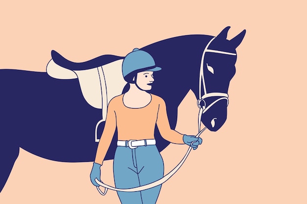 Ilustraciones Hermosa mujer ecuestre con casco acariciando a su caballo en el rancho