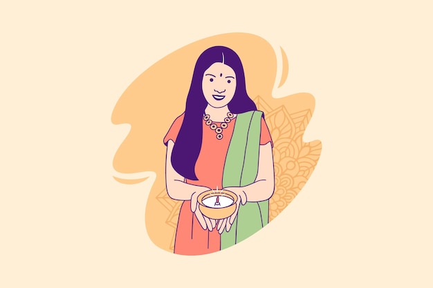 Ilustraciones de una hermosa mujer india sosteniendo una lámpara diya para el concepto celebration diwali day design