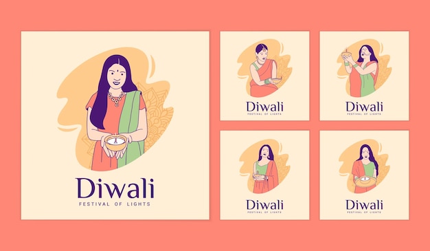 Vector ilustraciones hermosa mujer india sosteniendo una lámpara diya para las publicaciones en las redes sociales del día de la celebración de diwali