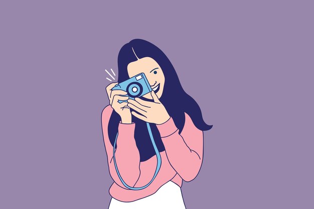 Vector ilustraciones de hermosa mujer sonriente tomando fotos en cámara