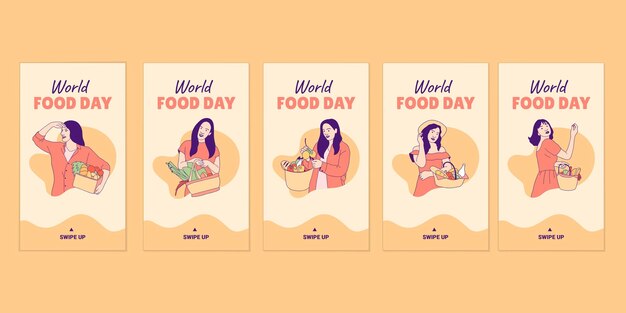 Vector ilustraciones hermosa mujer sosteniendo comida de canasta de picnic para historias de redes sociales del día mundial de la alimentación