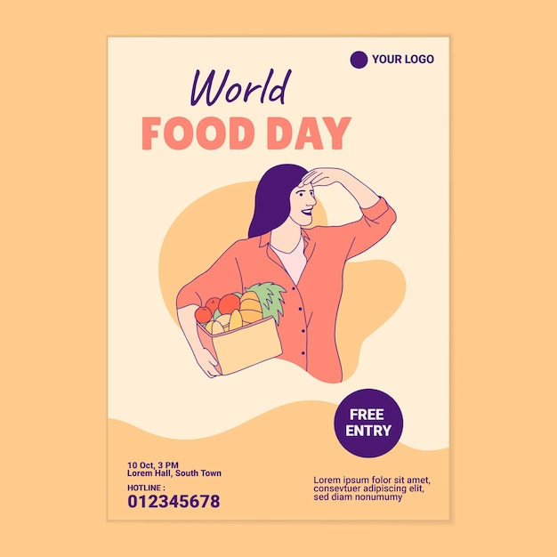 Vector ilustraciones hermosa mujer sosteniendo comida de cesta de picnic para la plantilla de póster del día mundial de la alimentación