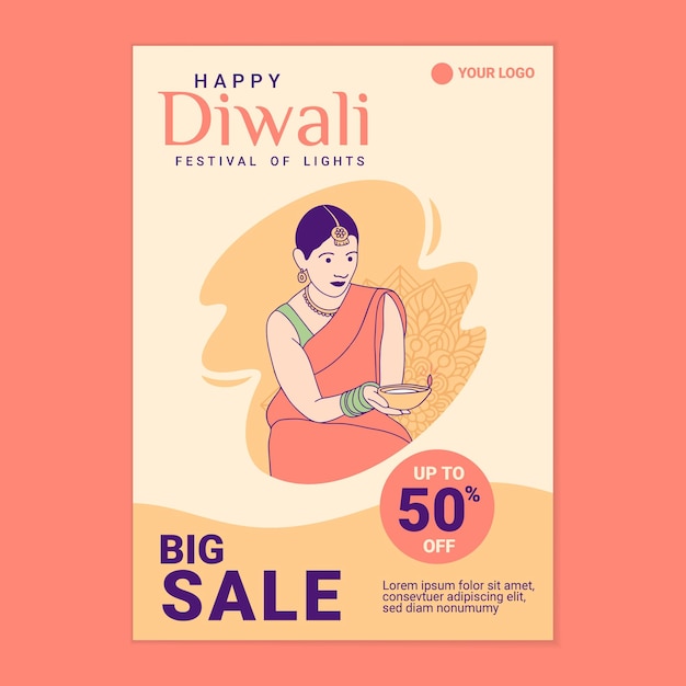 Vector ilustraciones hermosa niña india sosteniendo una lámpara diya para el cartel de la venta del día de celebración de diwali