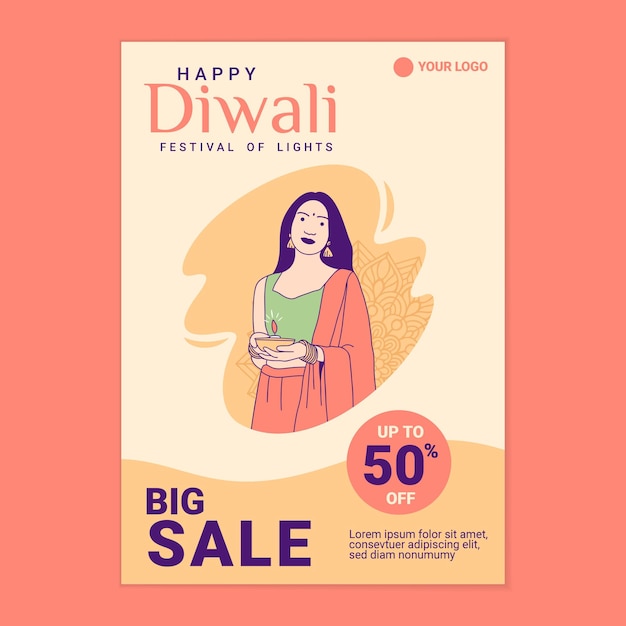 Vector ilustraciones hermosa niña india sosteniendo una lámpara diya para el cartel de la venta del día de celebración de diwali