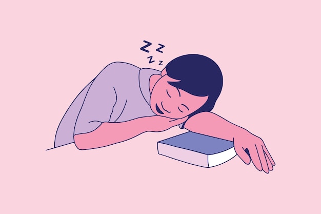 Ilustraciones de hermosas jóvenes estudiantes adolescentes tomando una siesta en su escritorio con un libro