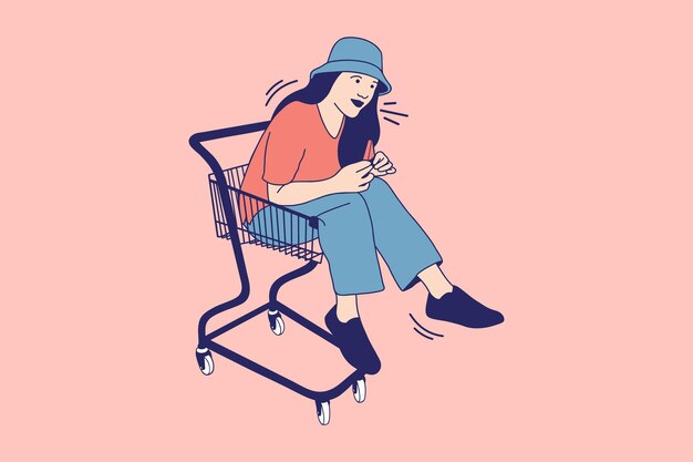 Ilustraciones Hermosas mujeres jóvenes sentadas en carrito de compras