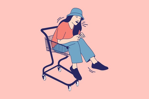 Vector ilustraciones hermosas mujeres jóvenes sentadas en carrito de compras