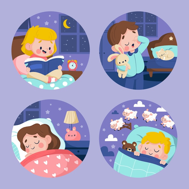 Vector ilustraciones para la hora de dormir en estilo de dibujos animados planos