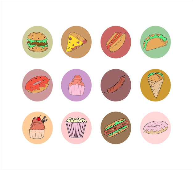 Ilustraciones de iconos de comida rápida y comida chatarra