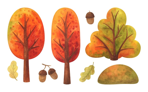 Ilustraciones de imágenes prediseñadas de naturaleza otoñal de elementos de paisaje estacional otoño árbol arbusto roble bellota hojas caídas un pedazo de tierra alma de otoño Imagen pintada a mano aislada