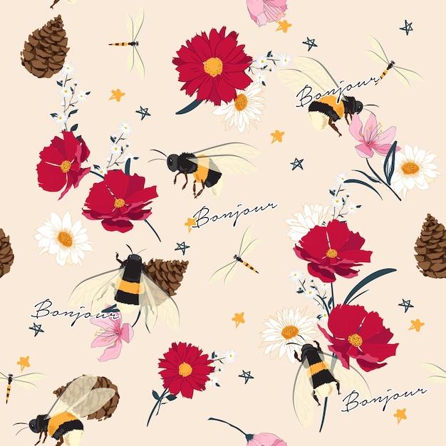 ilustraciones inconsútiles de flores silvestres e insectos