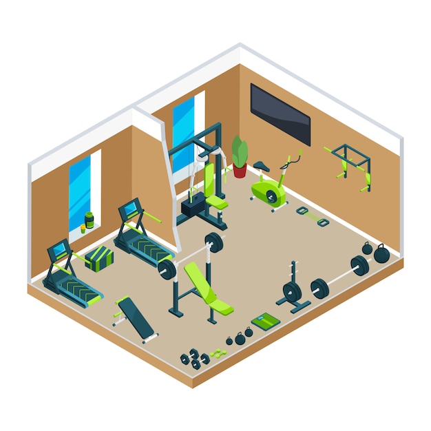 Vector ilustraciones isométricas en 3d del gimnasio.