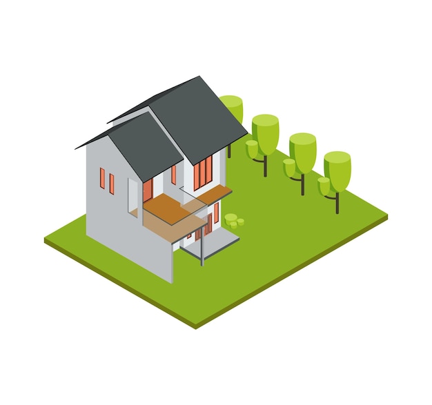 Ilustraciones isométricas de la construcción de casas para el marketing inmobiliario
