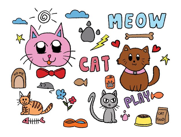 Ilustraciones de lápices de colores dibujadas a mano de gatos en el hogar hueso mascota cuenco corazón flor pata comida para gatos rata para animales