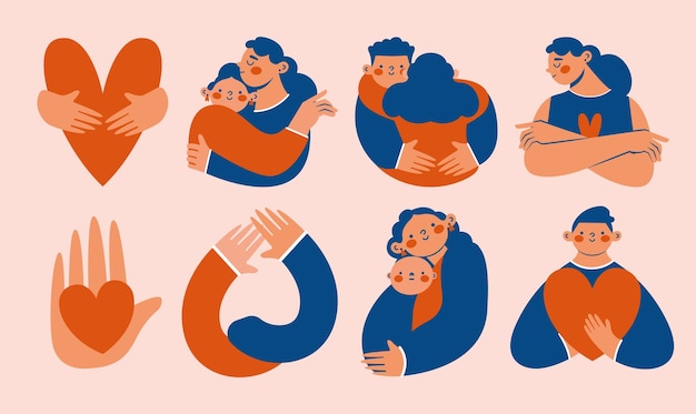 Ilustraciones lindas abstractas con amigos, madres y amantes de los niños, personas están de pie abrazándose