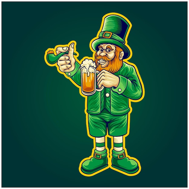 Ilustraciones de logotipo de dibujos animados de vaso de cerveza de duende del día de san patricio