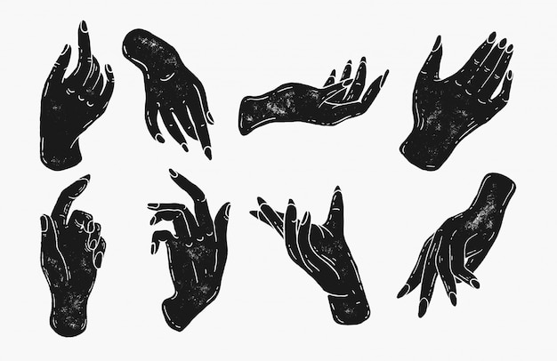 Ilustraciones de mano simple en estilo de silueta de sello. Dibujado a mano arte vintage logo icono. Logotipo para salón de manicura, manicura, estética. manos y dedos elegantes femeninos, hechizos mágicos, formas de manos
