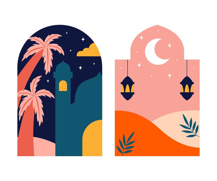 Vector ilustraciones de la mezquita de ramadán y la media luna en marcos árabes
