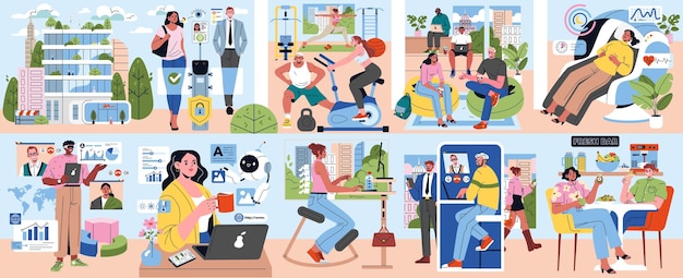 Las ilustraciones modernas de la oficina que reflejan un entorno de trabajo dinámico incluyen características de fitness