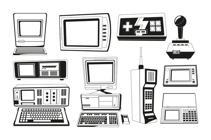 Vector ilustraciones monocromáticas de artilugios técnicos.