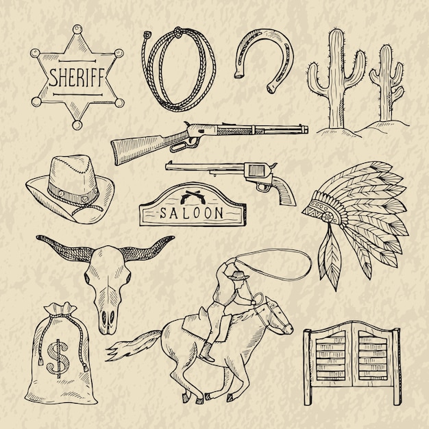 Vector ilustraciones monocromáticas dibujadas a mano de diferentes símbolos del salvaje oeste. imágenes occidentales establecen aislar. estrella del salvaje oeste vintage, cactus y sheriff