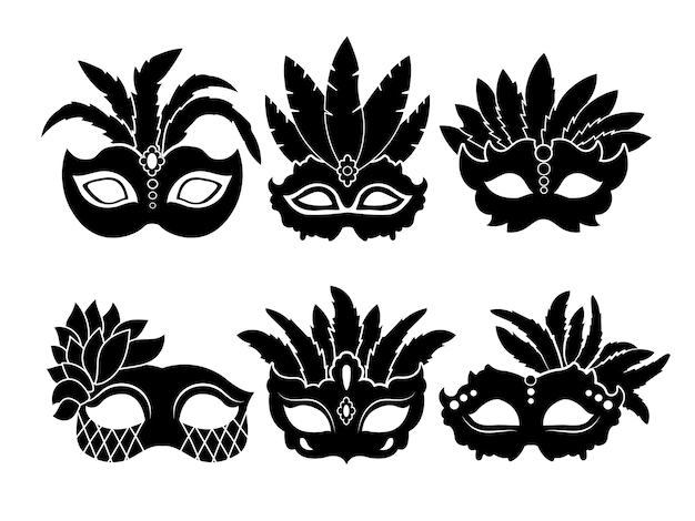 Ilustraciones monocromáticas en negro de máscaras de carnaval aisladas sobre fondo blanco. Máscara de carnaval y mascarada