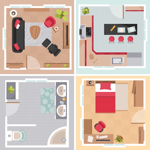 Ilustraciones de muebles de planta en diseño plano