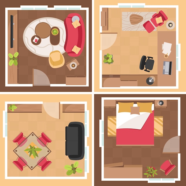 Ilustraciones de muebles de planta en diseño plano