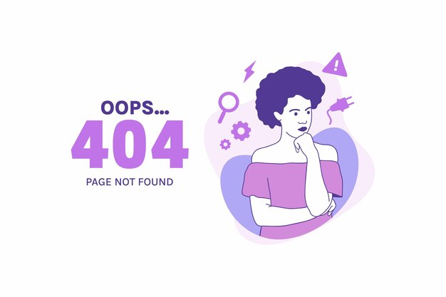 Ilustraciones de una mujer enojada con los brazos cruzados para la página de inicio del concepto de diseño de error Oops 404