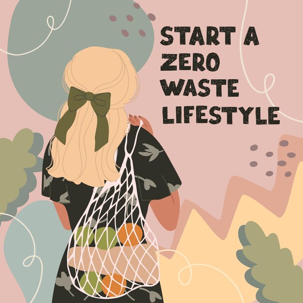 Ilustraciones de mujer joven con bolsa ecológica y letras comienzan un estilo de vida sin desperdicio
