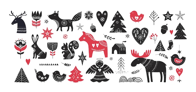 Vector ilustraciones navideñas, diseño de banners, elementos e iconos dibujados a mano en estilo escandinavo